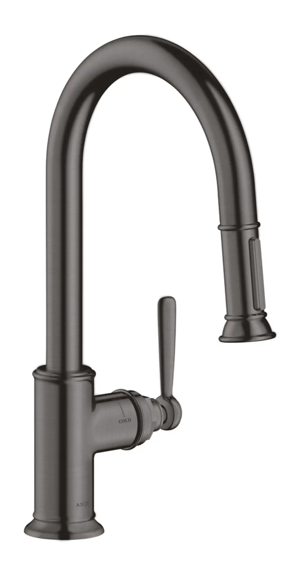 Küchenmischer von AXOR mit einem geschwungenen Auslauf und einer Ausziehbrause. Der Körper hat eine brushed black chrome Oberfläche und einen seitlichen Hebel zur Temperaturregelung.